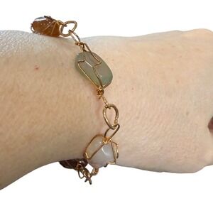 Gold Tone Wire Wrapped Tumbled Stone Link Bracelet Boho Earth Tones Adjustable